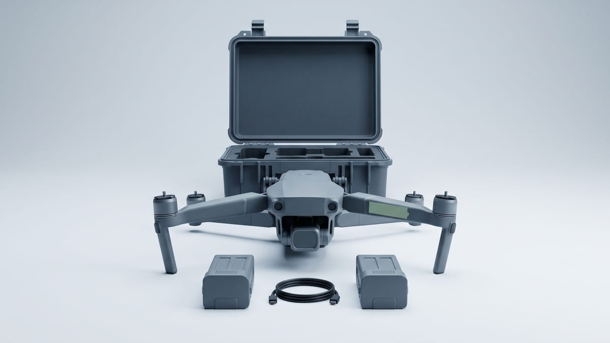 Drone professionale di grandi dimensioni con custodia rigida e batterie su fondo grigio